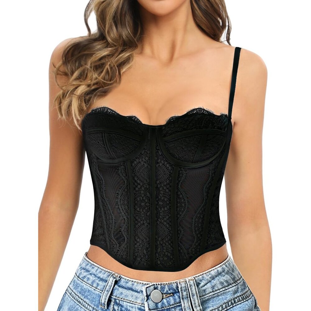 GainKee Lace Corset Tops for Women Lace Bustier Corset Top with Straps